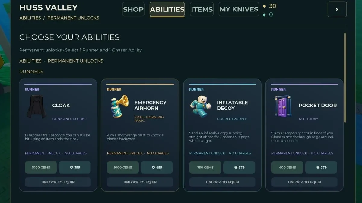 Published Huss Valley ability shop with Gem prices for Runner cards