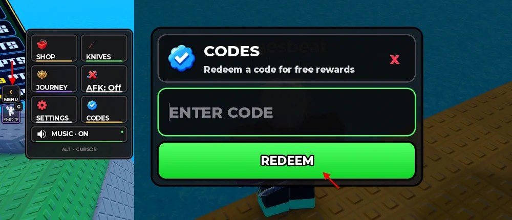 Huss Valley MENU with CODES, ENTER CODE and the green REDEEM button