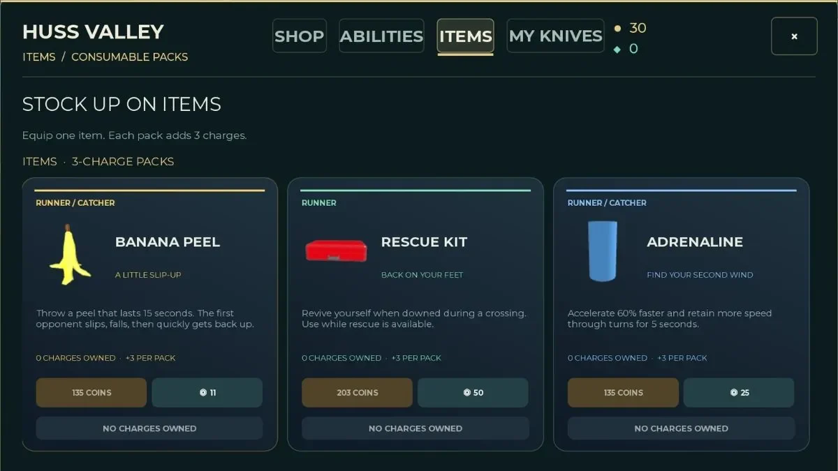 Published Huss Valley item shop showing Coin pack prices and charge labels