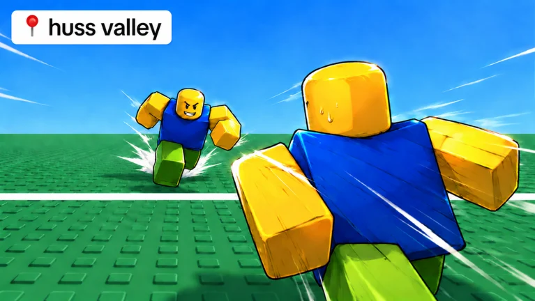 Official Huss Valley cover: a Roblox Runner being chased across a green field